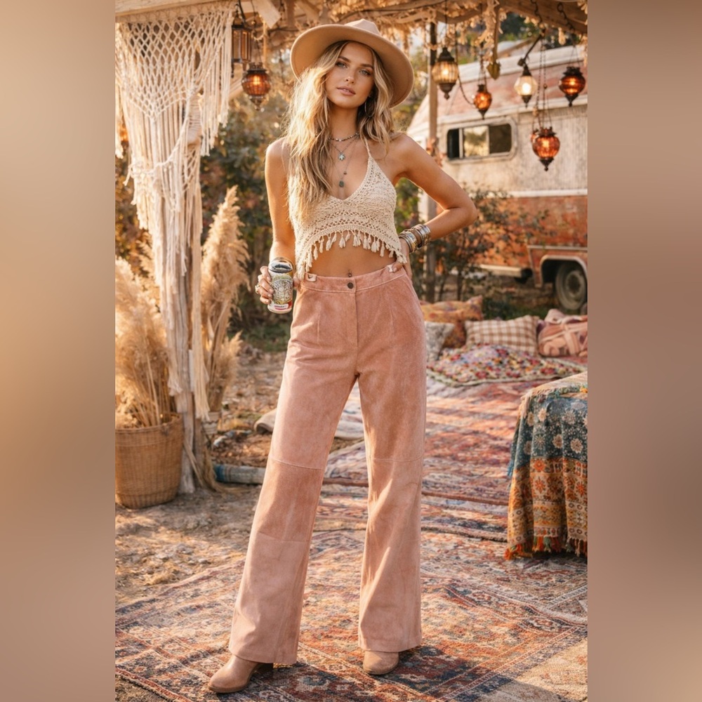 Vintage Doncaster Dusty Pink High Waisted Genuine Leather Pants‎ Luxury Fashion